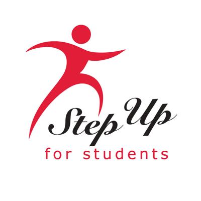 Logo for Step Up For Students featuring a red figure in motion, leaping forward. The text "Step Up" is in cursive above "for students" in a smaller, sans-serif font.