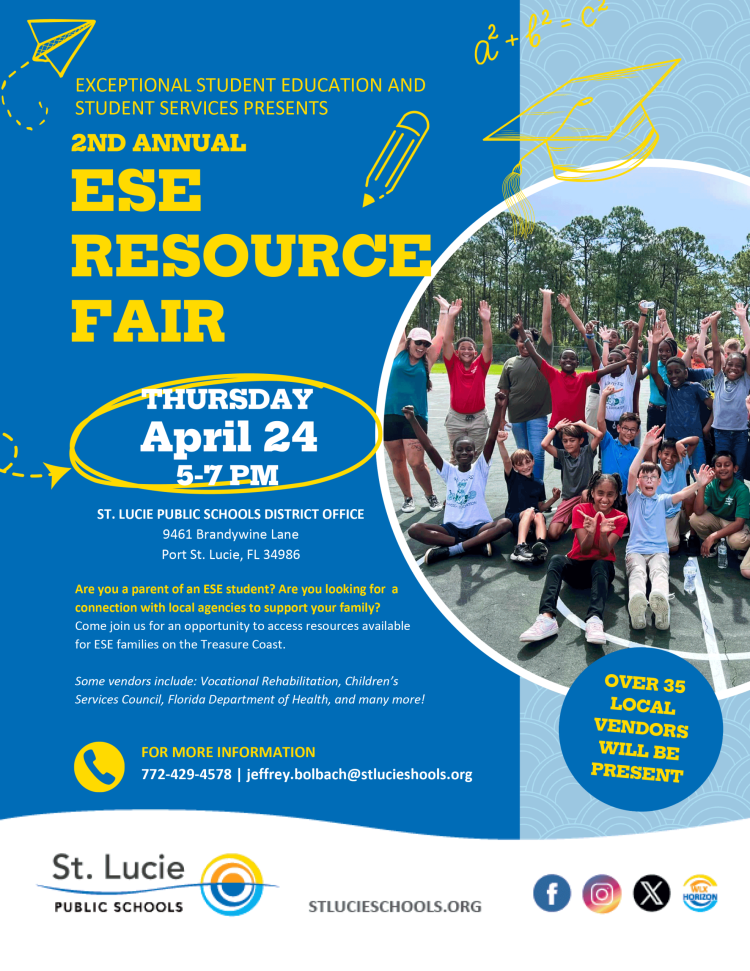 Flyer for the 2nd Annual ESE Resource Fair on April 24th, 5-7 PM, at the St. Lucie Public Schools District Office. Event for parents of ESE students, featuring over 35 local vendors and resources.