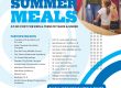 Flyer promoting St. Lucie Public Schools' "Summer Meals" program, providing free meals for kids and teens. Features a smiling woman interacting with a child, along with a list of participating sites and a call to action: "Click Here for Dates & Times".