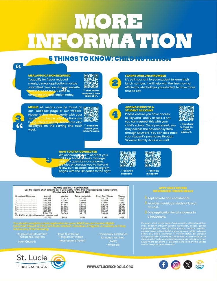 St. Lucie Public Schools provides info on child nutrition: meal applications, lunch numbers, adding funds, menus, and staying connected. Income eligibility guidelines are shown for free or reduced meals.