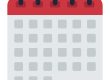 Flat vector calendar icon with red header and gray date squares. Represents scheduling, planning, or reminders for events and deadlines.