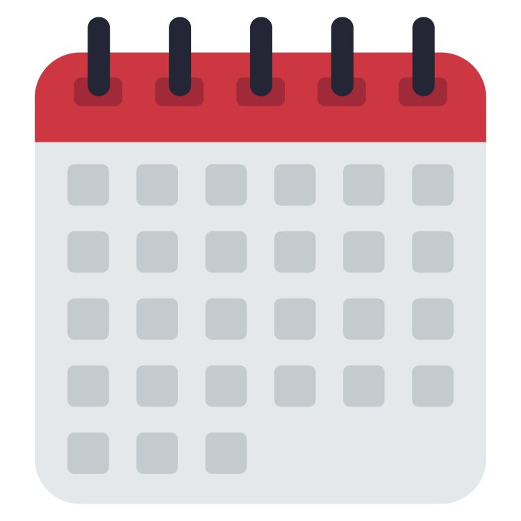 Flat vector calendar icon with red header and gray date squares. Represents scheduling, planning, or reminders for events and deadlines.