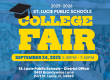 St. Lucie Public Schools College Fair poster. Features a graduation cap graphic, event details: September 24, 2025, 5:30-7:30 PM, District Office, Port St. Lucie, FL.
