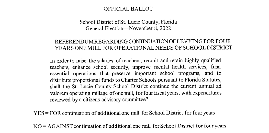 Ballot Questions St. Lucie County, Florida ballot for November 8, 2022, regarding a referendum to continue a one-mill property tax for four years to fund school district operational needs, including teacher salaries, security, and mental health services.
