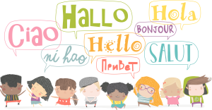 KNH1 Diverse group of children standing under speech bubbles that say "Hello" in different languages, including "Hola," "Bonjour," and "Ciao." A colorful and inclusive image representing global communication.