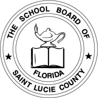 Seal of The School Board of Saint Lucie County, Florida. Features a stylized oil lamp above an open book, flanked by stars.
