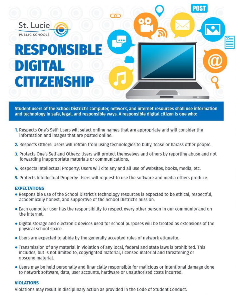 Responsible Digital 6 12 826x1030 1 St. Lucie Public Schools' "Responsible Digital Citizenship" poster. It features a laptop surrounded by digital icons representing online communication, reinforcing the importance of safe, legal, and responsible online behavior for students.