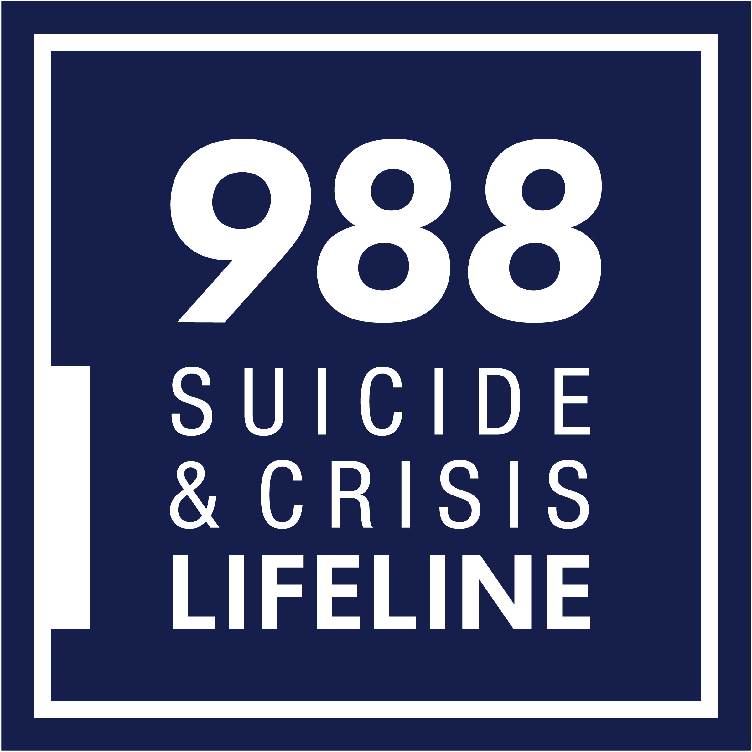 988 The 988 Suicide & Crisis Lifeline logo, featuring the number "988" in bold white font above the text "Suicide & Crisis Lifeline" in white, set against a dark blue square with a white border.