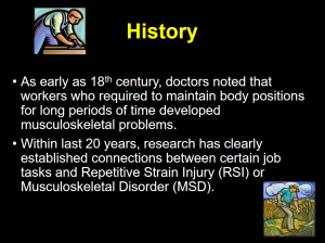 History of musculoskeletal problems: Image shows early doctors noting workers' body positions led to issues, and recent research links job tasks to Repetitive Strain Injury (RSI) or Musculoskeletal Disorder (MSD). Focus on health and wellness.